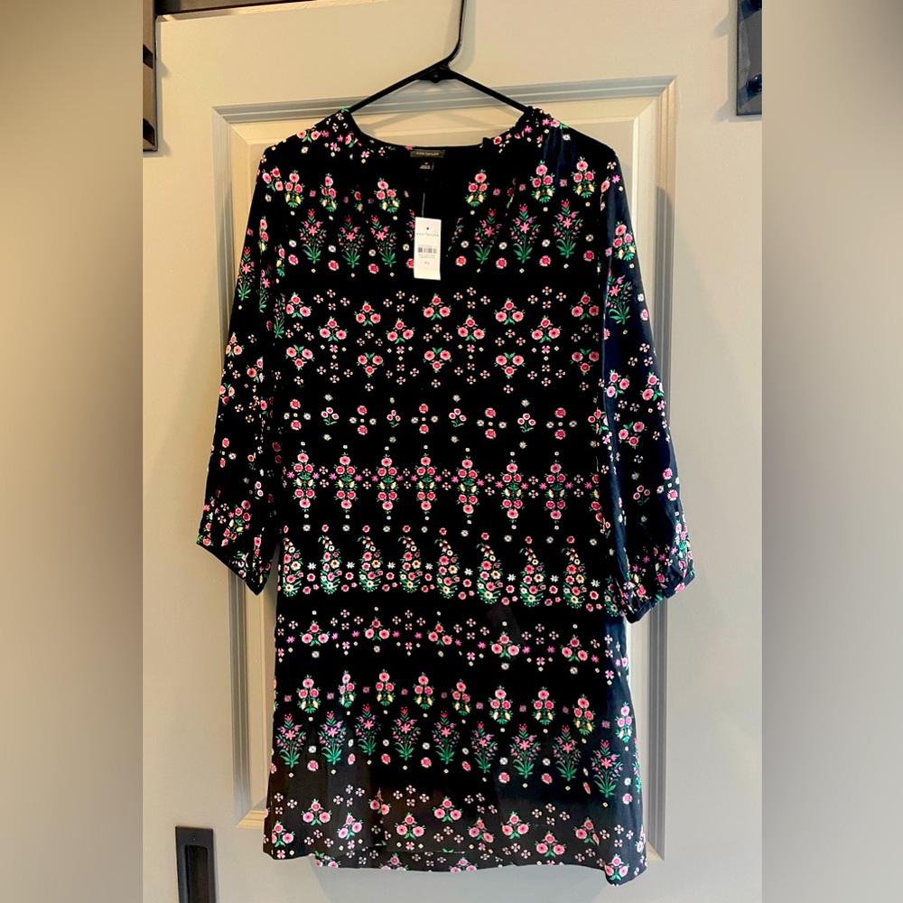 Ann Taylor Floral Stripe Split Neck Shift Dress